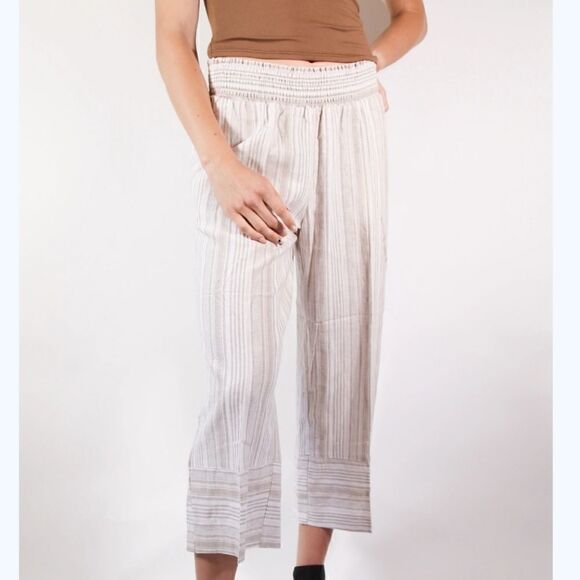 LAND AND SEA WOMEN'S STRIPE TAUPE CROPPED LENGTH LINEN PANTS SIZE MEDIUM - Picture 1 of 6